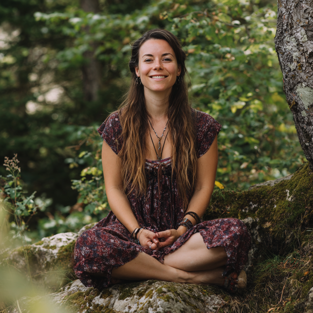 Молода жінка європейської зовнішності у білому одязі практикує йогу на сірому килимку, посміхається та виглядає спокійно і задоволено